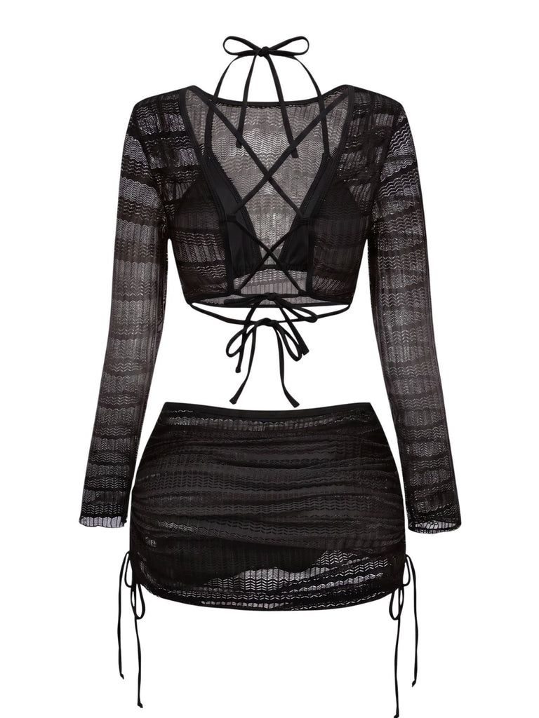 60er Bikini-Set & Cover-Up mit Langarm und Häkelarbeit
