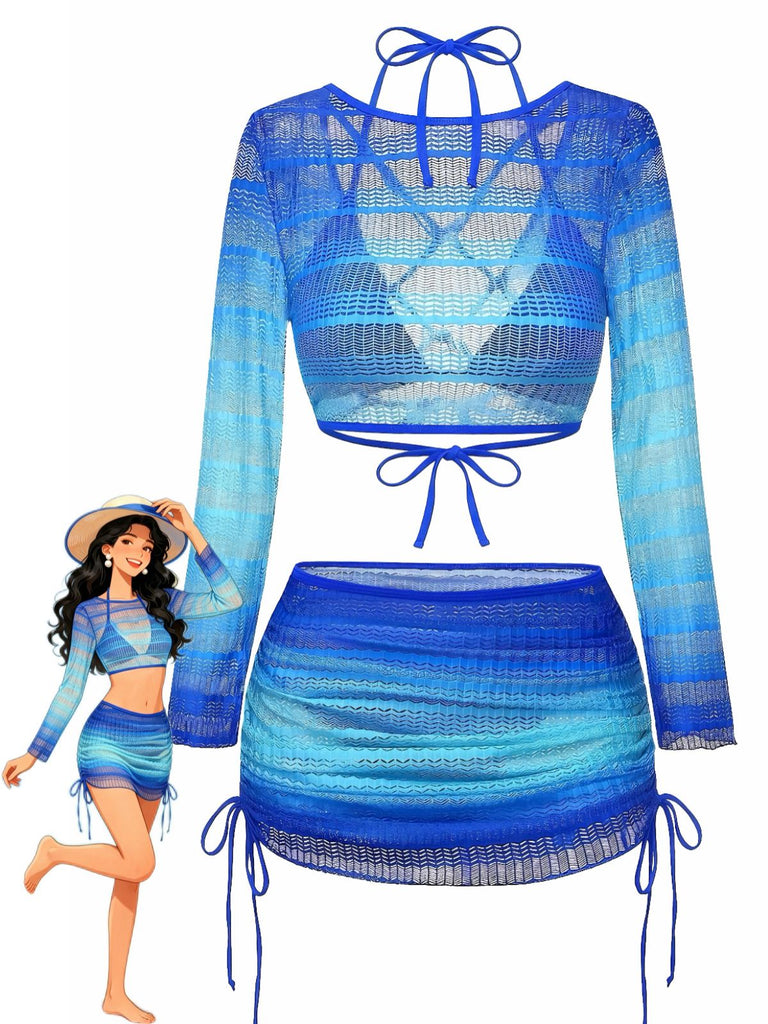 60er Bikini-Set & Cover-Up mit Langarm und Häkelarbeit