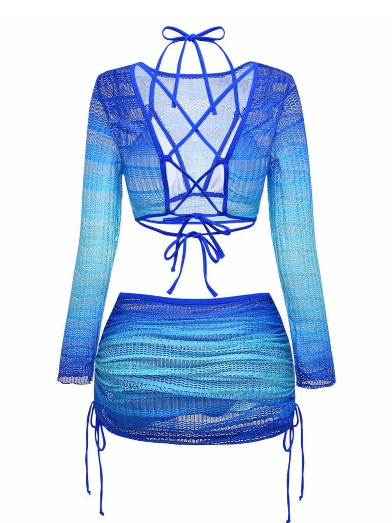 60er Bikini-Set & Cover-Up mit Langarm und Häkelarbeit
