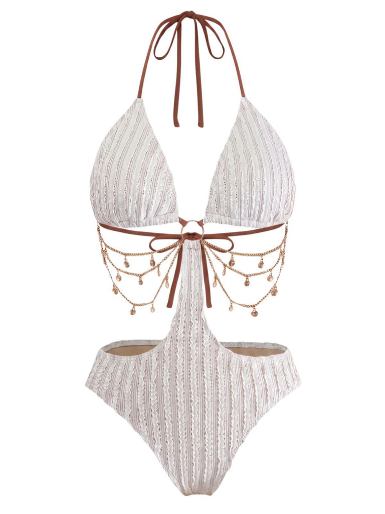 Beige 1930er Uni Metall Kette Cutout Einteilig Badeanzug