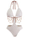 Beige 1930er Uni Metall Kette Cutout Einteilig Badeanzug