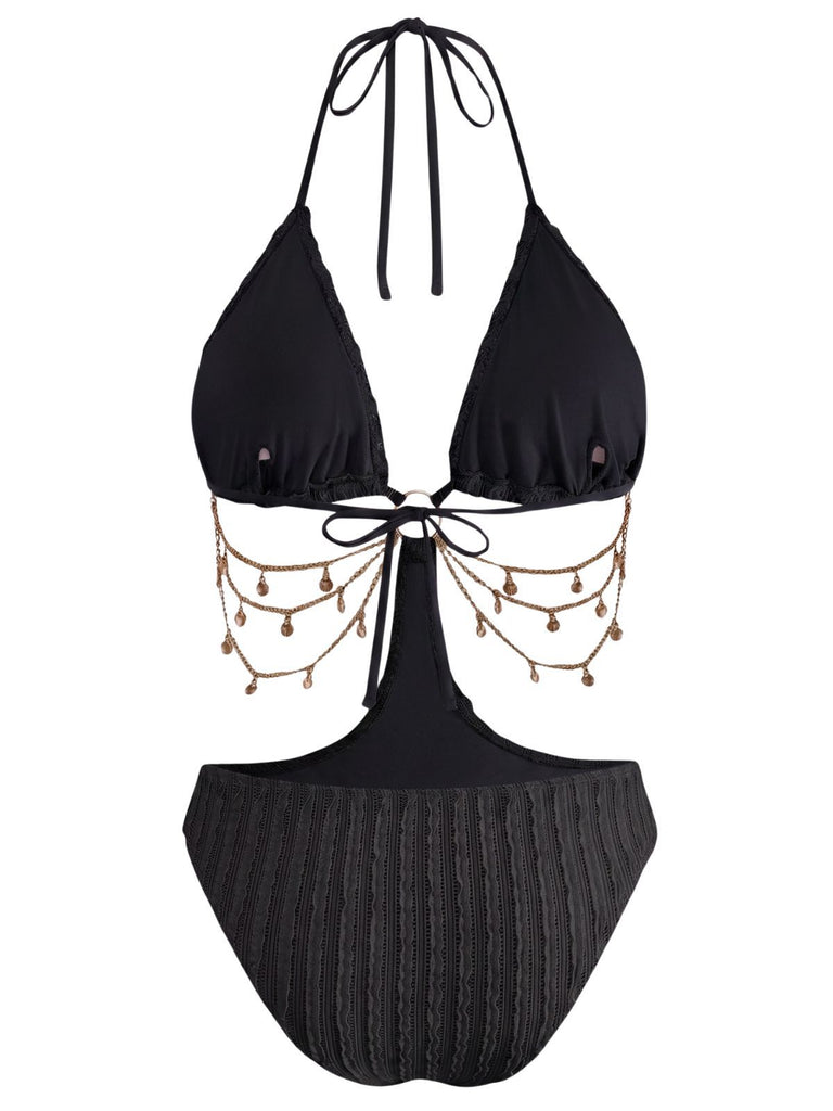 Beige 1930er Uni Metall Kette Cutout Einteilig Badeanzug