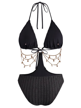 Schwarz 1930er Uni Metall Kette Cutout Einteilig Badeanzug