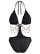 Beige 1930er Uni Metall Kette Cutout Einteilig Badeanzug