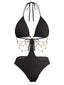 Schwarz 1930er Uni Metall Kette Cutout Einteilig Badeanzug