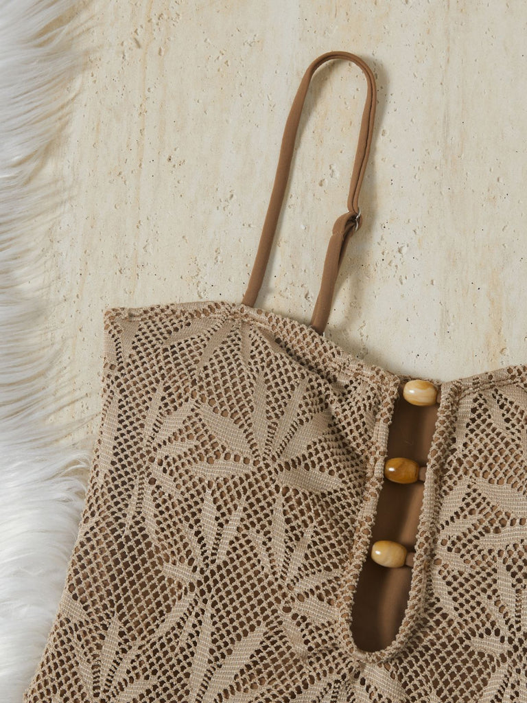 Khakier 60er Badeanzug mit Perlen und Jacquard