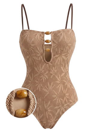 Khakier 60er Badeanzug mit Perlen und Jacquard