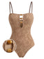 Khaki 60er Jacquard-Badeanzug mit Perlen-Dekor