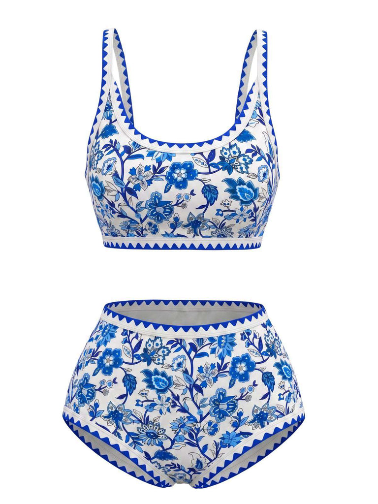 Rosa 1950er Rundhalsausschnitt Blumen High-Waist Bikini Set