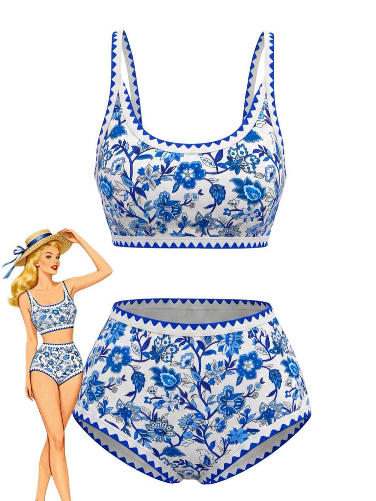 Rosa 1950er Rundhalsausschnitt Blumen High-Waist Bikini Set