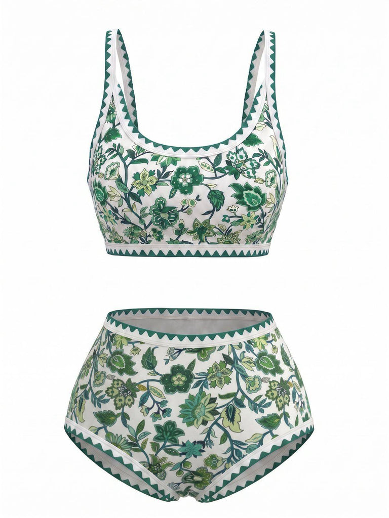 Rosa 1950er Rundhalsausschnitt Blumen High-Waist Bikini Set