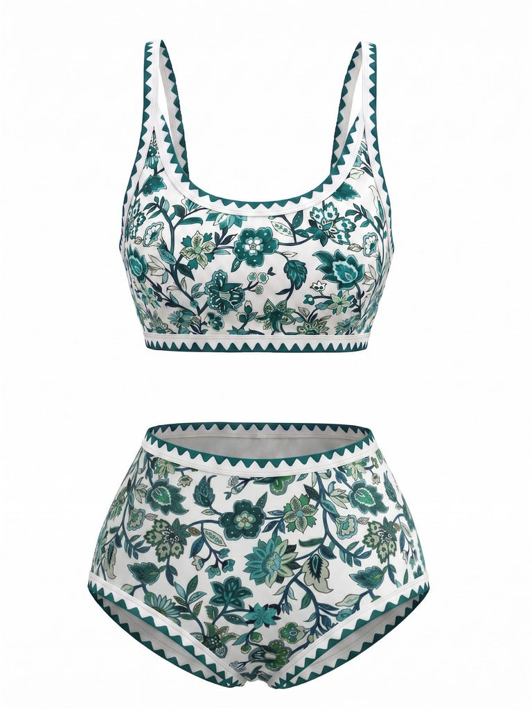 Blau 1950er Rundhalsausschnitt Blumen High-Waist Bikini Set
