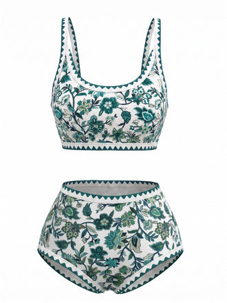 Grün 1950er Rundhalsausschnitt Blumen High-Waist Bikini Set