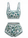 Blau 1950er Rundhalsausschnitt Blumen High-Waist Bikini Set
