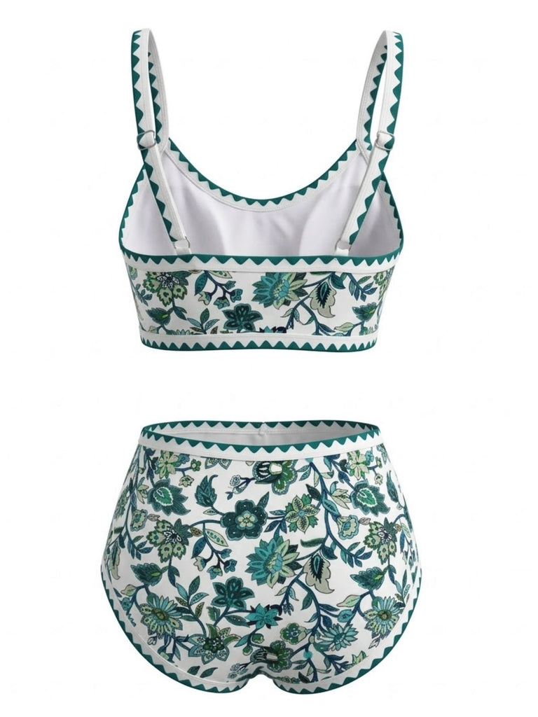 Blau 1950er Rundhalsausschnitt Blumen High-Waist Bikini Set