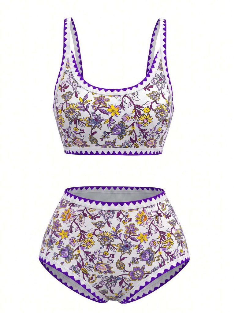 Rosa 1950er Rundhalsausschnitt Blumen High-Waist Bikini Set