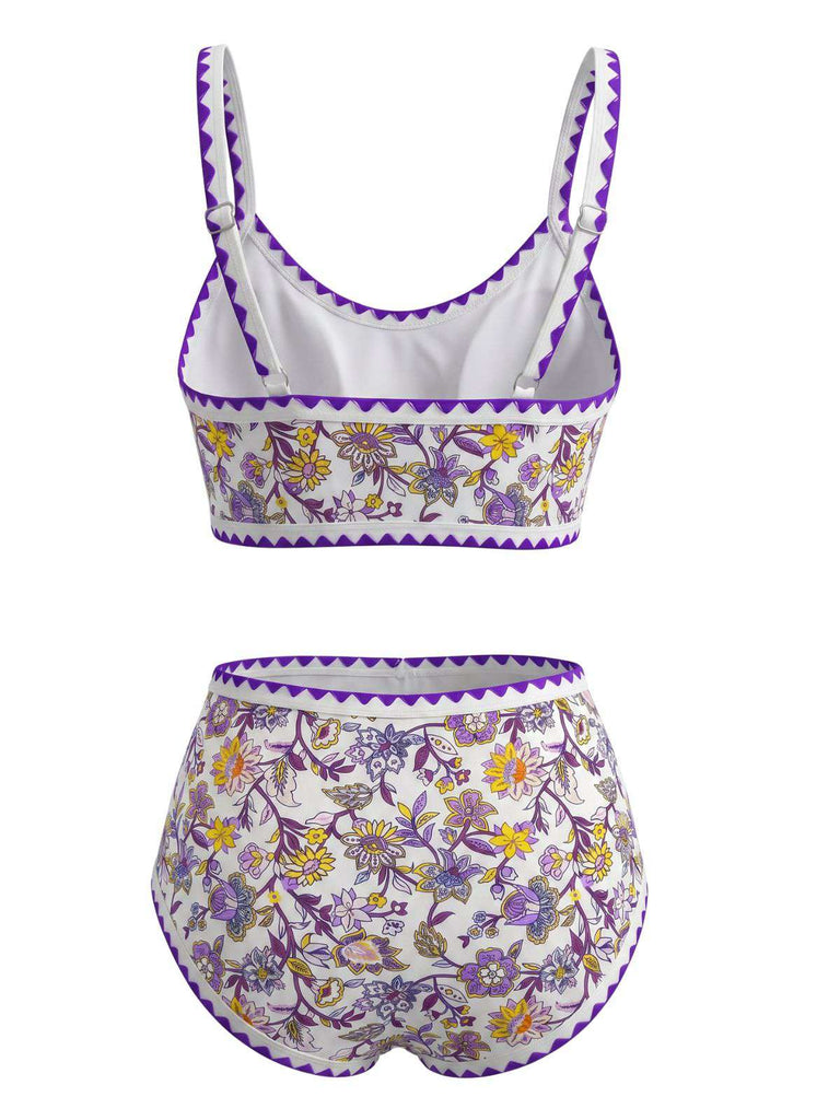 Rosa 1950er Rundhalsausschnitt Blumen High-Waist Bikini Set