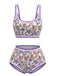 Rosa 1950er Rundhalsausschnitt Blumen High-Waist Bikini Set