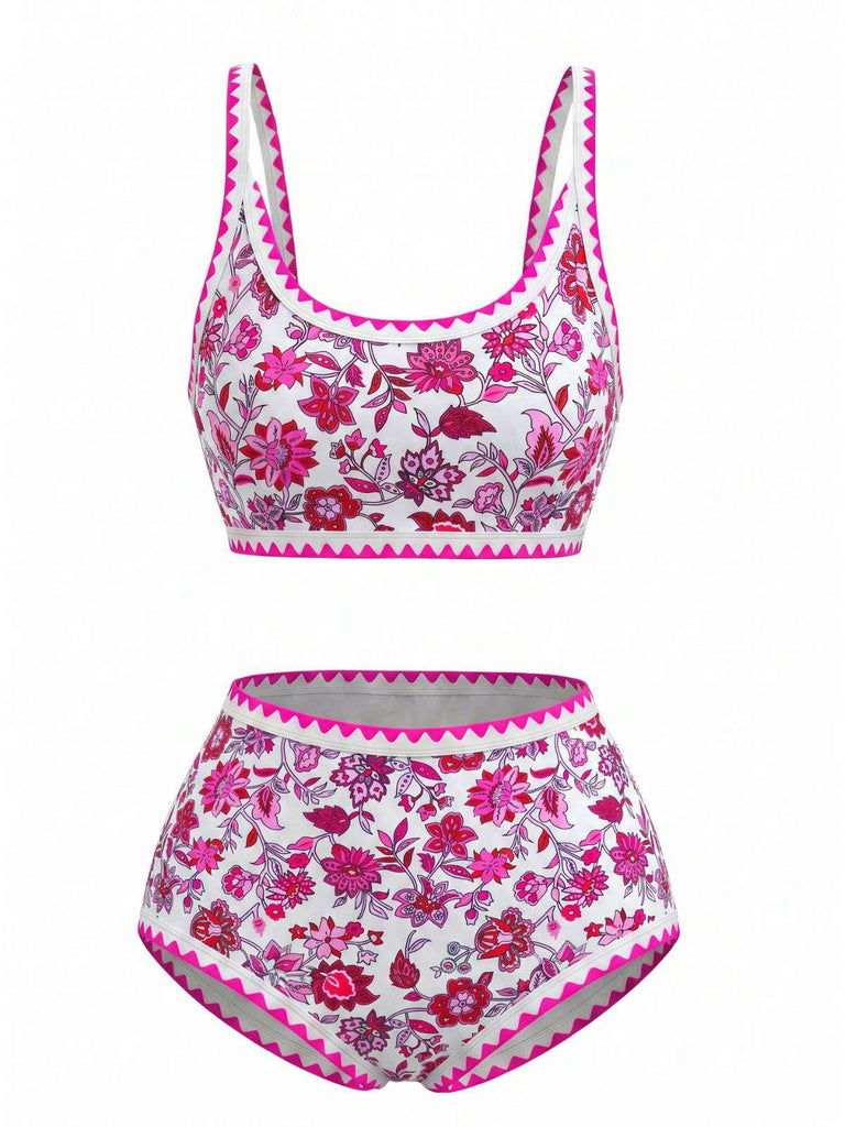 Rosa 1950er Rundhalsausschnitt Blumen High-Waist Bikini Set