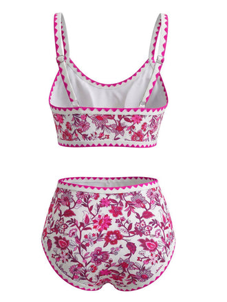 Rosa 1950er Rundhalsausschnitt Blumen High-Waist Bikini Set