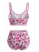 Rosa 1950er Rundhalsausschnitt Blumen High-Waist Bikini Set