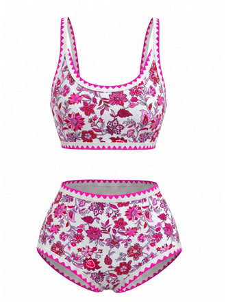 Rosa 1950er Rundhalsausschnitt Blumen High-Waist Bikini Set
