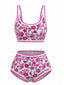 Rosa 1950er Rundhalsausschnitt Blumen High-Waist Bikini Set