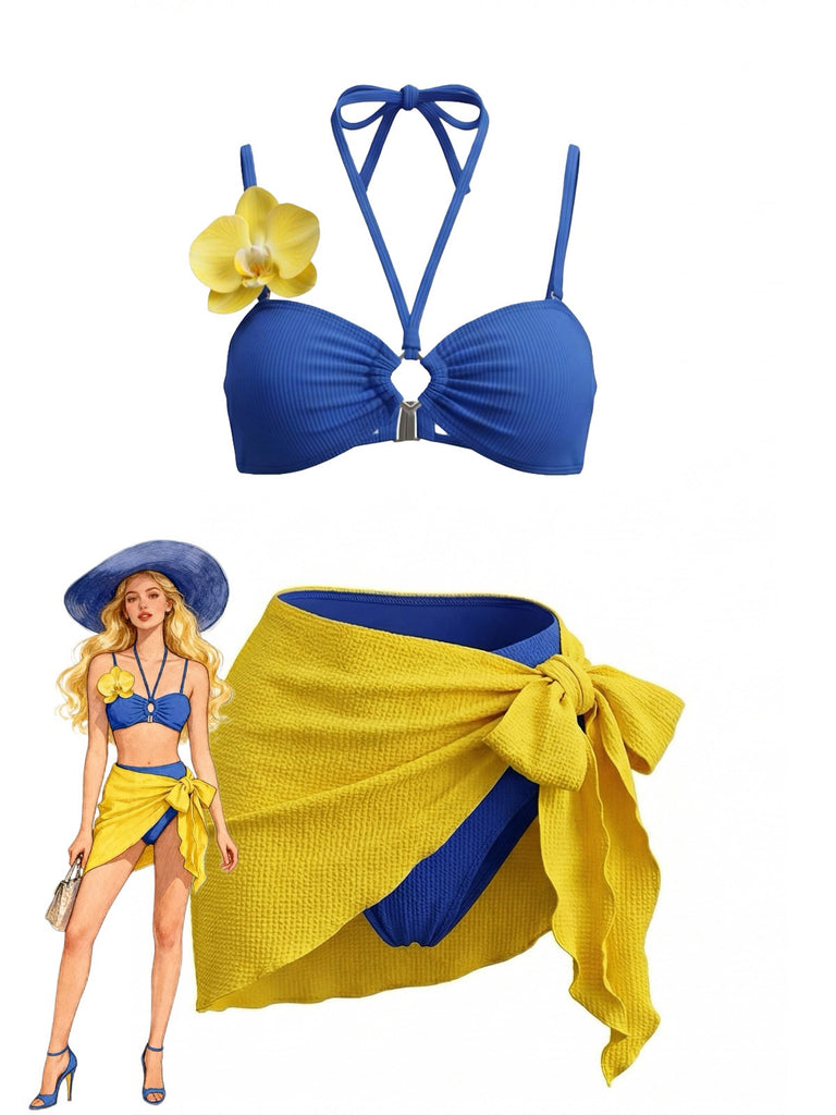 Blaues 80er Bikini-Set & gelbes Cover-Up mit Phalaenopsis und Neckholder