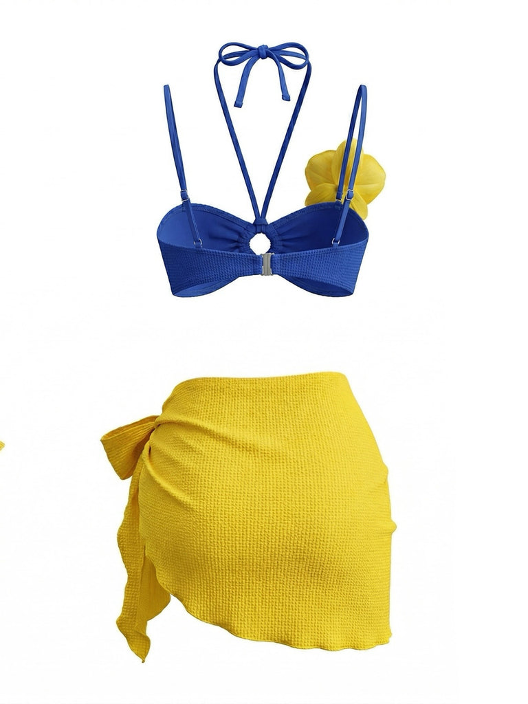Blaues 80er Bikini-Set & gelbes Cover-Up mit Phalaenopsis und Neckholder