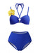 Blaues 80er Bikini-Set & gelbes Cover-Up mit Phalaenopsis und Neckholder