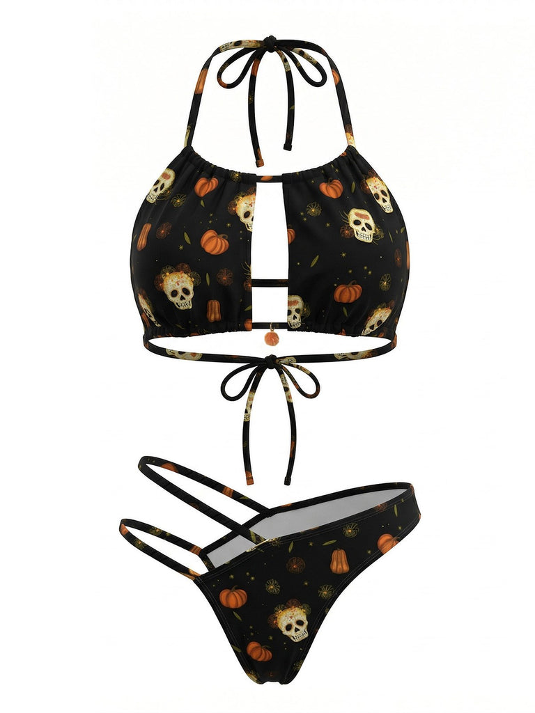 Schwarzes 80er Gothic Bikini-Set mit Totenkopf