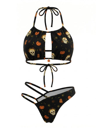 Schwarzes 80er Gothic Bikini-Set mit Totenkopf