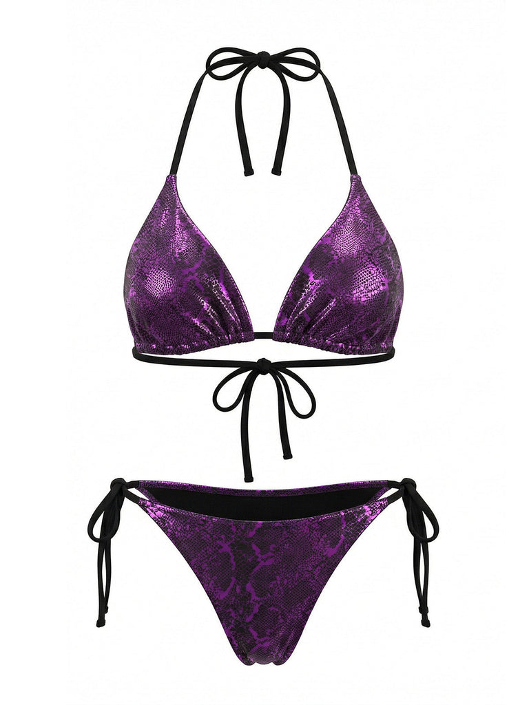 Lila 80er Bikini-Set mit Neckholder und Print