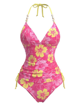 80er Bikini-Set mit Neckholder, Blumen und Perlenbesatz