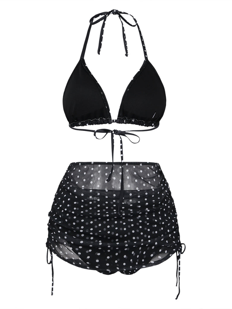 Schwarzes Tankini-Set im Stil der 1950er Jahre mit Raffungen, 6-teilig