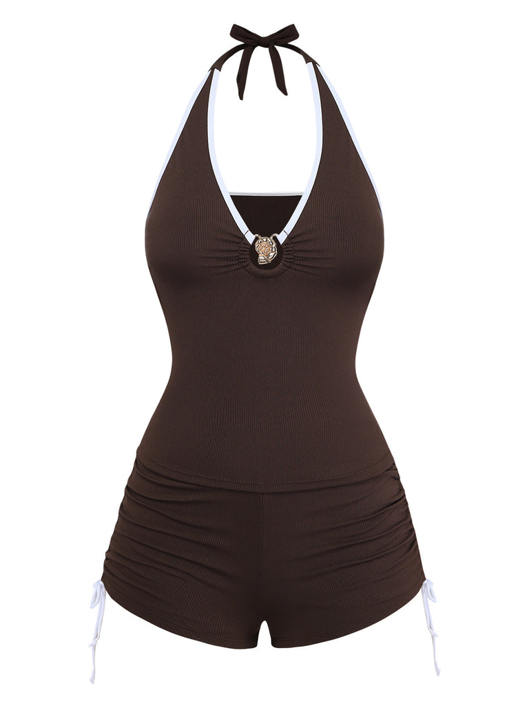 Kaffeefarbenes Tankini-Set im Stil der 1950er Jahre mit Halter-Kordelzug von Gerafft