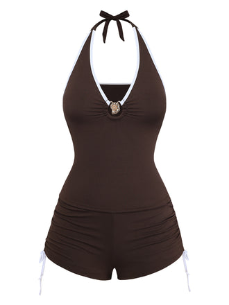 Kaffeefarbenes Tankini-Set im Stil der 1950er Jahre mit Halter-Kordelzug von Gerafft