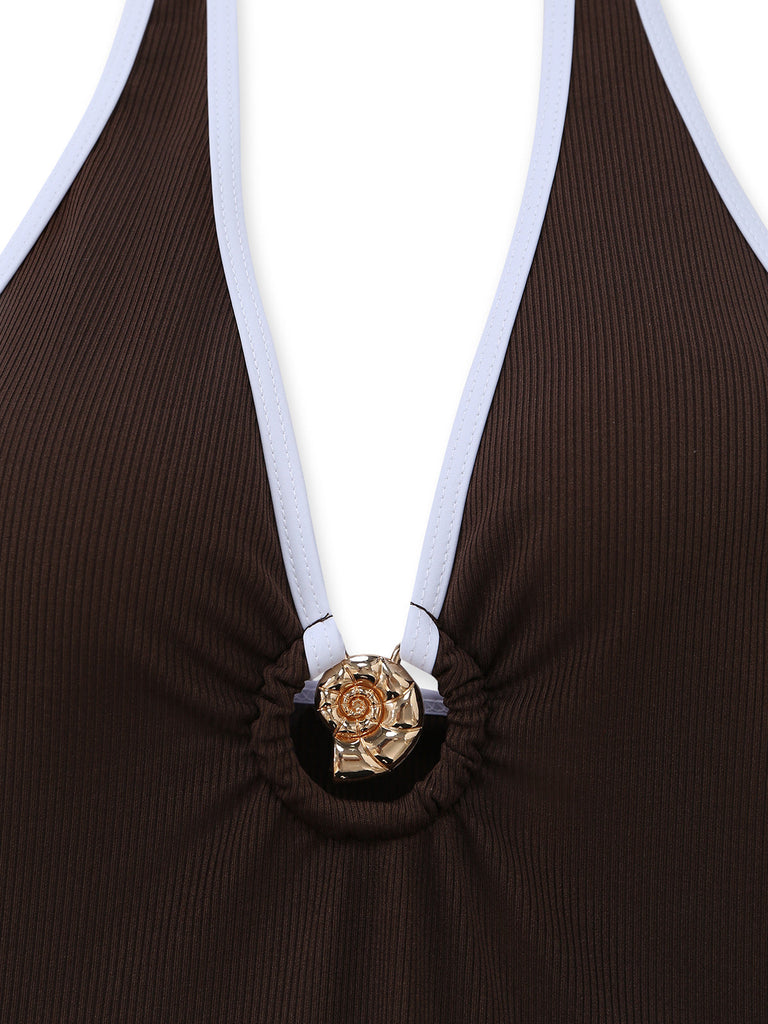 Kaffeefarbenes Tankini-Set im Stil der 1950er Jahre mit Halter-Kordelzug von Gerafft