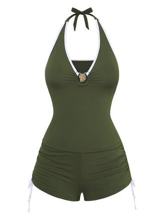 [Vorverkauf] Grünes 50er Tankini-Set mit Neckholder und Raffung