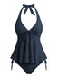 Dunkelblau 1950er Strukturiert Blumen Halter Tiefer V Tankini Set