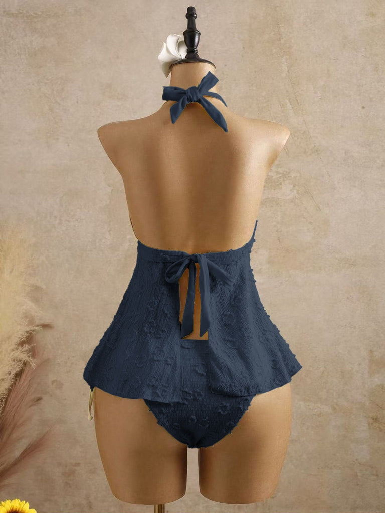 Hellgelb 1950er Strukturiert Blumen Halter Tiefer V Tankini Set