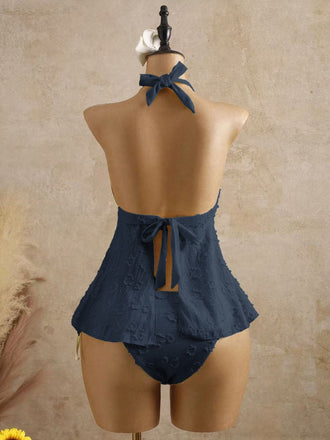Dunkelblau 1950er Strukturiert Blumen Halter Tiefer V Tankini Set