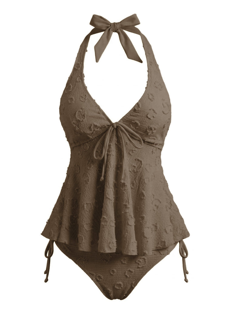 Hellgelb 1950er Strukturiert Blumen Halter Tiefer V Tankini Set