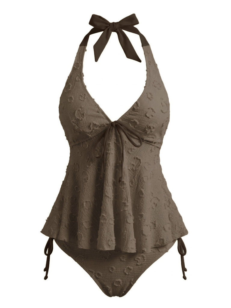 Hellgelb 1950er Strukturiert Blumen Halter Tiefer V Tankini Set