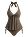 Hellgelb 1950er Strukturiert Blumen Halter Tiefer V Tankini Set