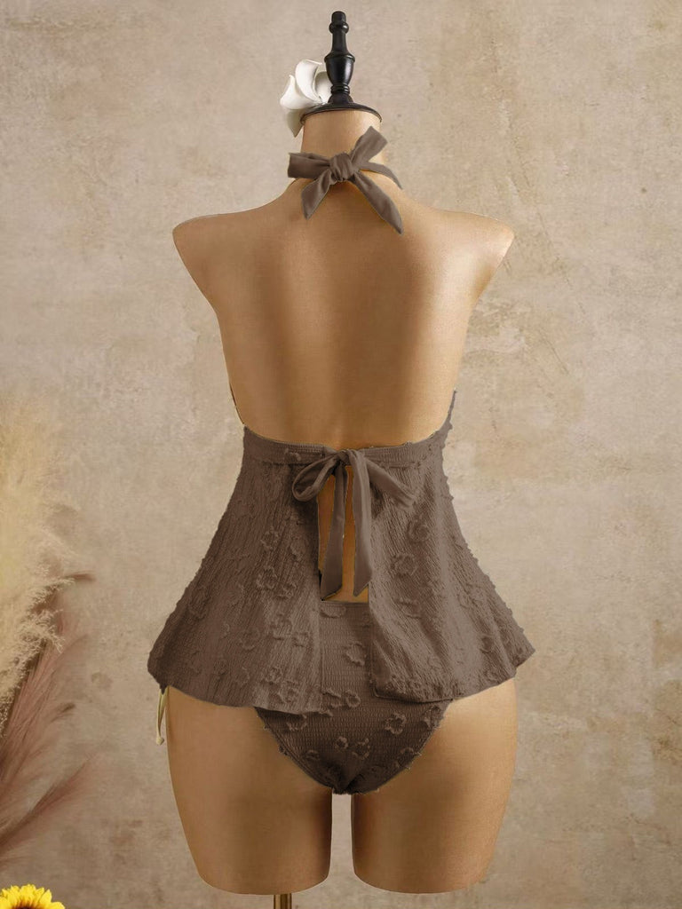 Hellgelb 1950er Strukturiert Blumen Halter Tiefer V Tankini Set