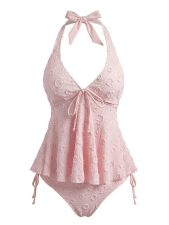 Hellrosa 1950er Strukturiert Blumen Halter Tiefer V Tankini Set