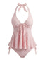 Hellrosa 1950er Strukturiert Blumen Halter Tiefer V Tankini Set