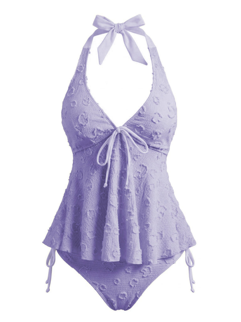 Hellgelb 1950er Strukturiert Blumen Halter Tiefer V Tankini Set