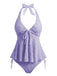 Hellgelb 1950er Strukturiert Blumen Halter Tiefer V Tankini Set